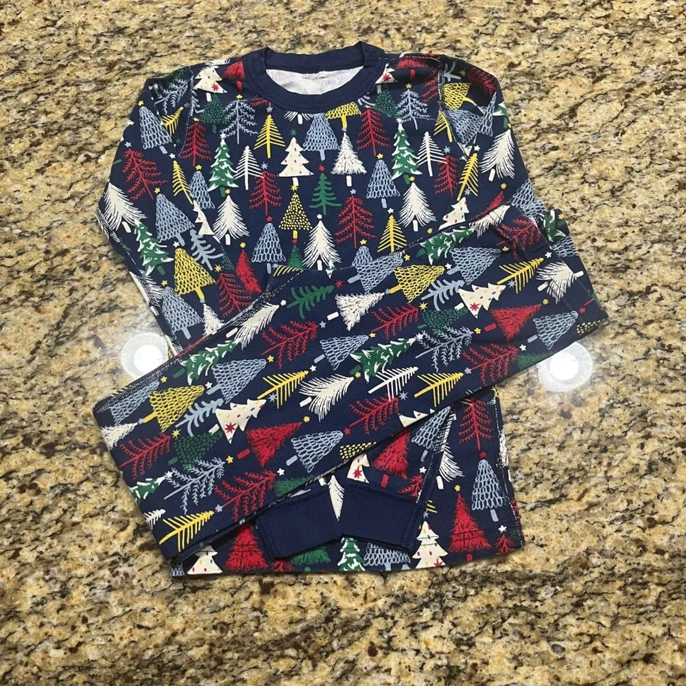 Hanna Andersson Boy Pajama Set 160 US 14 Christmas Trees Organic Cotton Navy